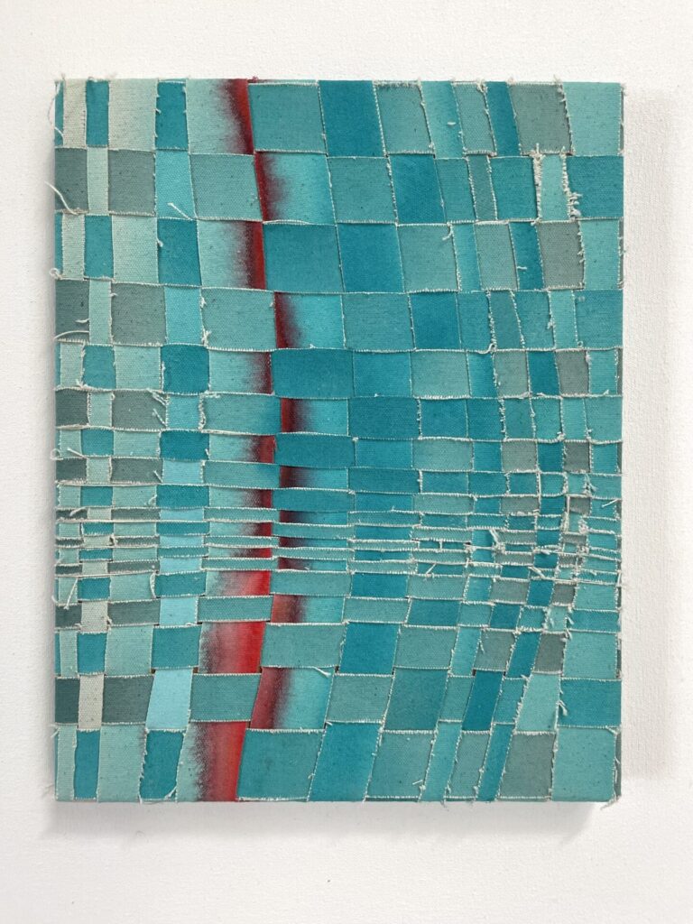 "Time Warp 6", Woven canvas, acrylic paint on wood panel, 14x11 inches, 2022