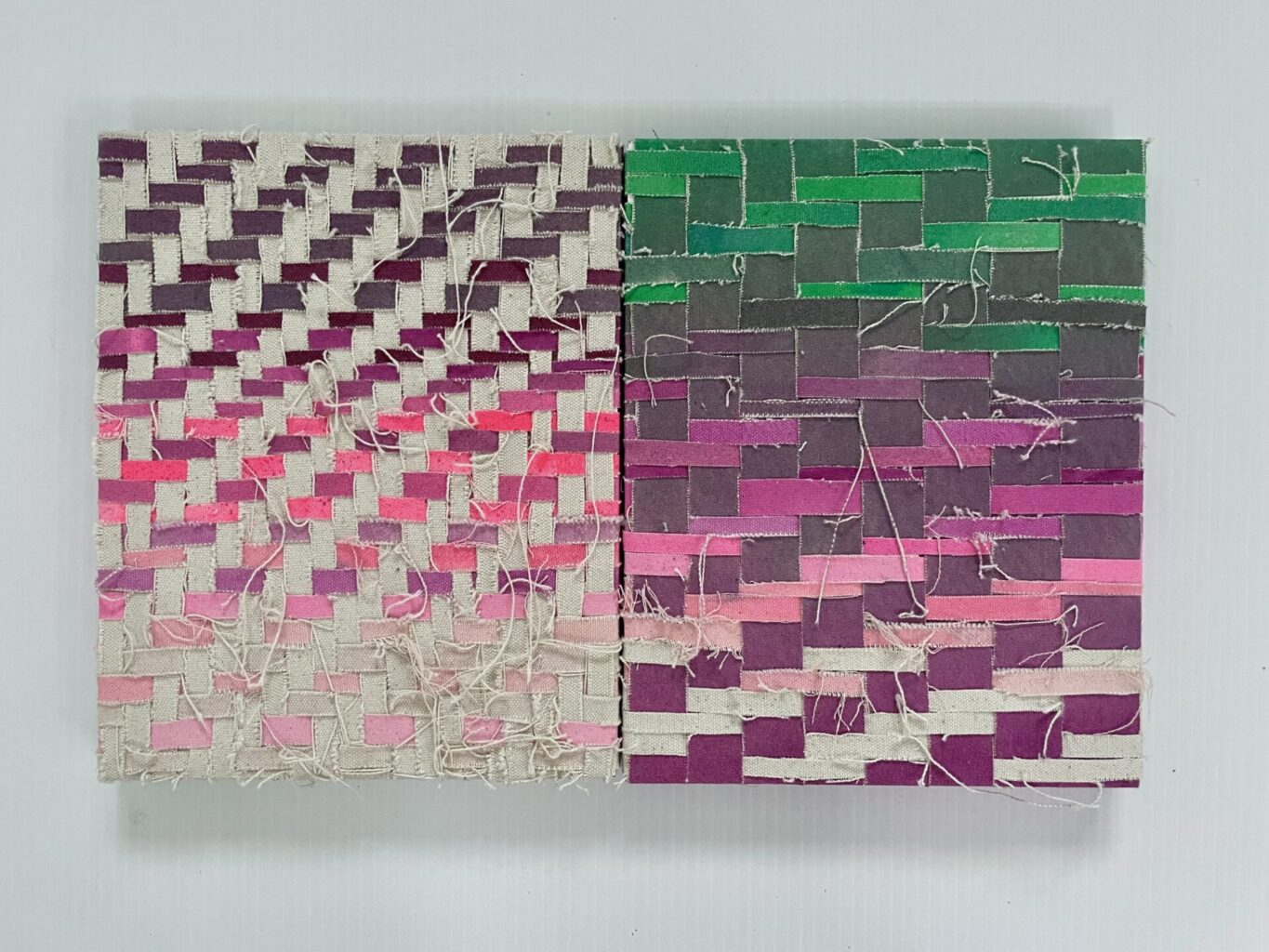 "Time Warp 3", Woven canvas, acrylic paint on wood panels, 16x10 inches, 2023