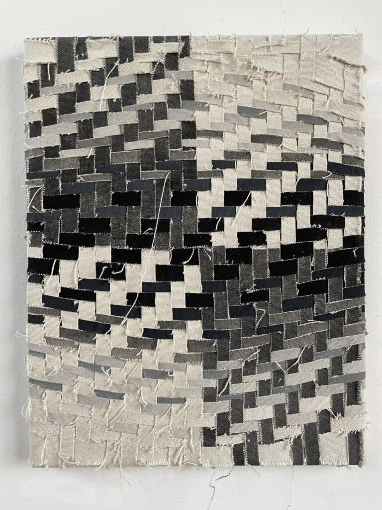 "Time Warp 5", Woven raw canvas, acrylic paint on wood panel, 14x11 inches, 2023