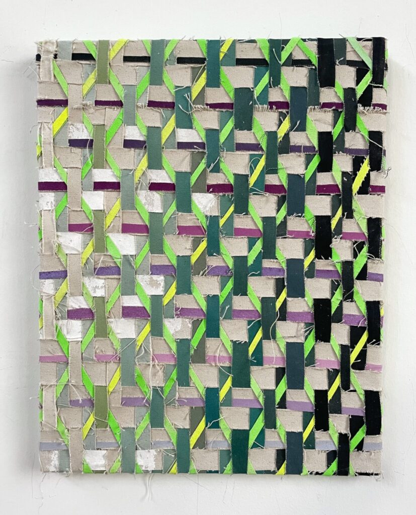 “Time Warp #11” Acrylic dyed woven canvas on wood panel, 18x24 inches, 2024